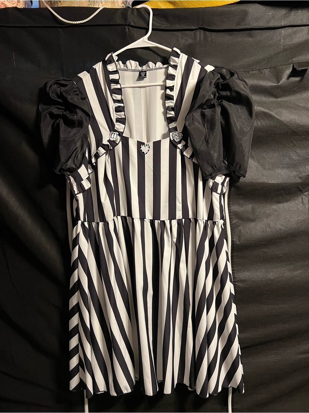 Beetlejuice Black & White Striped Puff-Sleeve Dress